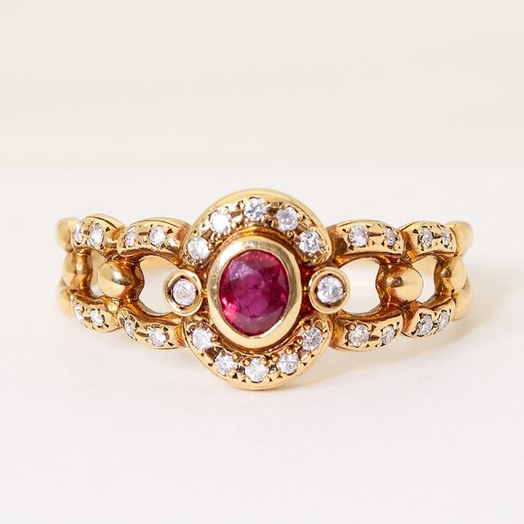 Vintage Ladies' 18kt Yellow Gold Ruby and Diamond Ring, Size 11, For Women - Picture 2 of 6